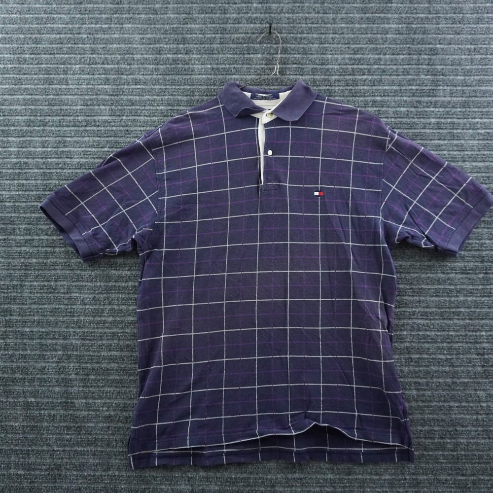 Tommy Hilfiger Polo Shirt Mens Large Purple Windowpane Check Vintage‎ 90s Cotton